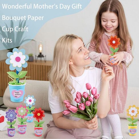 32 Set Mother's Day Flower Bouquet Craft Kit-Mother's Day Kids DIY Flower Bouquet Paper Crafts Make Your Own Flower Bouquet for Party Activities School Mom Teacher Appreciation Week Valentine Gift in Kuwait