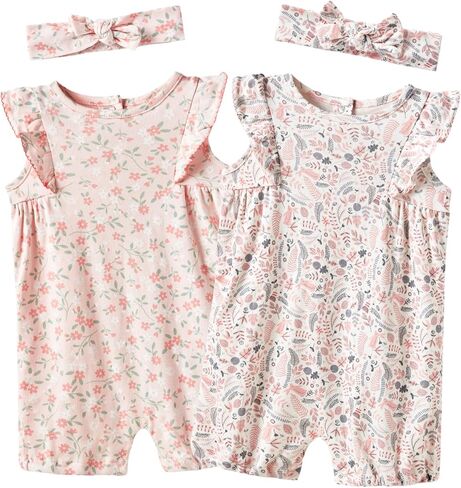 Baby Girls Ruffled Sleeve Rompers Toddler Girls Jumpsuits One-Piece Cotton Outfits in Kuwait