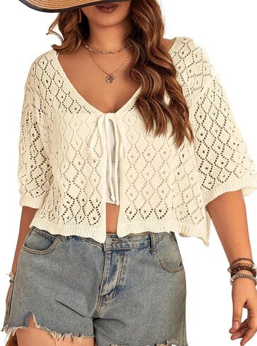 Women's Plus Size Crochet Cardigan Crop Short Sleeves Tie Front Lightweight Knitwear in Kuwait
