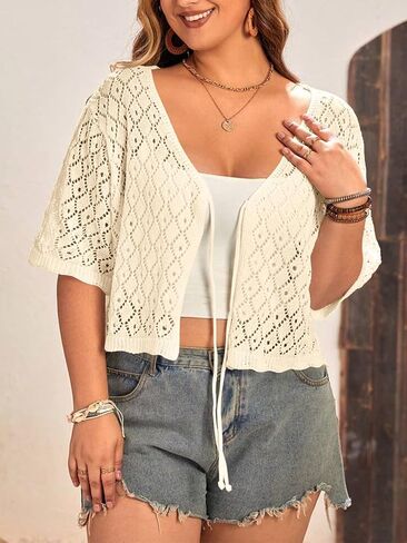 Women's Plus Size Crochet Cardigan Crop Short Sleeves Tie Front Lightweight Knitwear in Kuwait