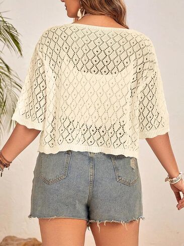 Women's Plus Size Crochet Cardigan Crop Short Sleeves Tie Front Lightweight Knitwear in Kuwait