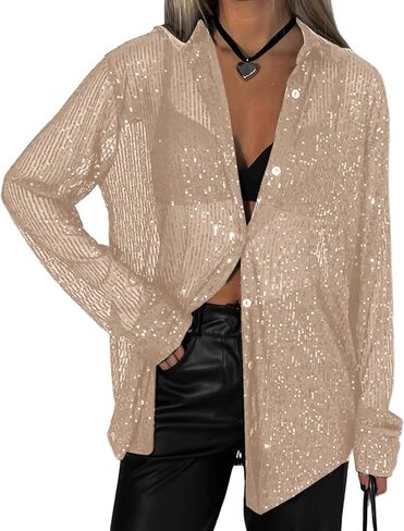 AMPOSSTO Womens Sequins Long Sleeve Collared Shirt Button Down Open Front Shirt Loose Blouses Shirst Tops in Kuwait
