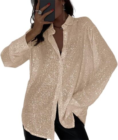 AMPOSSTO Womens Sequins Long Sleeve Collared Shirt Button Down Open Front Shirt Loose Blouses Shirst Tops in Kuwait