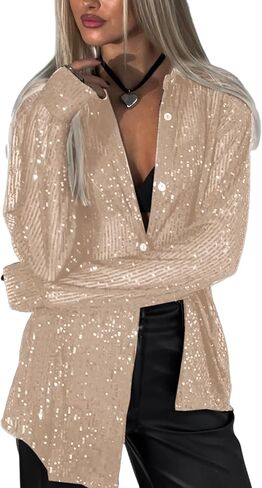 AMPOSSTO Womens Sequins Long Sleeve Collared Shirt Button Down Open Front Shirt Loose Blouses Shirst Tops in Kuwait