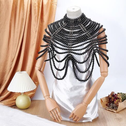 AHANDMAKER Black Pearl Body Chain Bra ، Sexy Body Chain Bra Multi Layer Sterk Chain Stain -deled Bra Bra Chain Bohemian Body Jewelry Bikini chain for Beach Party Party Party Asced in Saudi Arabia