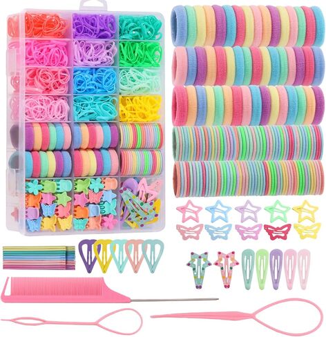 Hair Accessories for Girls, 1350P Colorful Hair Ties Set with 72P Hair Clips, Bobby Pins for Toddlers, Hair Wax Stick, Butterfly Hair Clips for Kids, Hair Barrettes with Hair Comb Set & Organizer Box in Kuwait