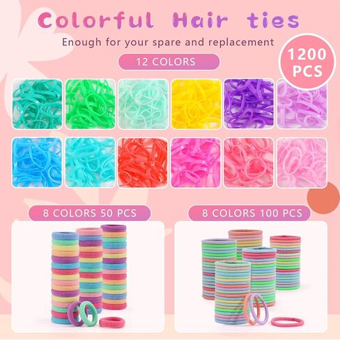 Hair Accessories for Girls, 1350P Colorful Hair Ties Set with 72P Hair Clips, Bobby Pins for Toddlers, Hair Wax Stick, Butterfly Hair Clips for Kids, Hair Barrettes with Hair Comb Set & Organizer Box in Kuwait