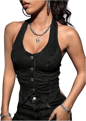 SHENHE Women's Button Up Backless Halter Denim Vest Ruched Fitted Sleeveless Crop Jean Vest in Saudi Arabia