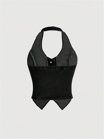 SHENHE Women's Button Up Backless Halter Denim Vest Ruched Fitted Sleeveless Crop Jean Vest in Saudi Arabia