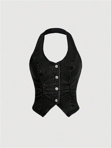 SHENHE Women's Button Up Backless Halter Denim Vest Ruched Fitted Sleeveless Crop Jean Vest in Saudi Arabia