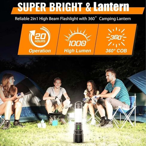 Camping Flashlight Rechargeable 2000 High Lumens -with Lanterns, Long Range LED Super Bright Flashlight, High Powerd Heavy Duty Flash Light with 5 Mode, Zoomable Waterproof Tactical Camping Flashlight in Saudi Arabia