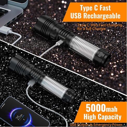 Camping Flashlight Rechargeable 2000 High Lumens -with Lanterns, Long Range LED Super Bright Flashlight, High Powerd Heavy Duty Flash Light with 5 Mode, Zoomable Waterproof Tactical Camping Flashlight in Saudi Arabia