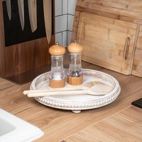 Round Wood Tray for Centerpiece Table Decorations, Rustic Beaded Wooden Trays Decor for Dining, Kitchen Counter, Living Room and Coffee Table Tray Decor in Saudi Arabia