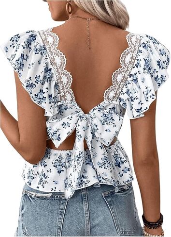 SweatyRocks Women's Floral Printed Lace Blouses Tie Back Ruffle Sleeve Square Neck Peplum Tops in Kuwait