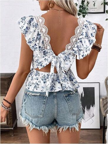 SweatyRocks Women's Floral Printed Lace Blouses Tie Back Ruffle Sleeve Square Neck Peplum Tops in Kuwait