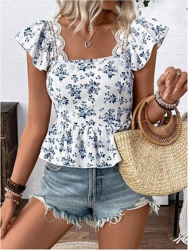 SweatyRocks Women's Floral Printed Lace Blouses Tie Back Ruffle Sleeve Square Neck Peplum Tops in Kuwait