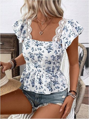 SweatyRocks Women's Floral Printed Lace Blouses Tie Back Ruffle Sleeve Square Neck Peplum Tops in Kuwait