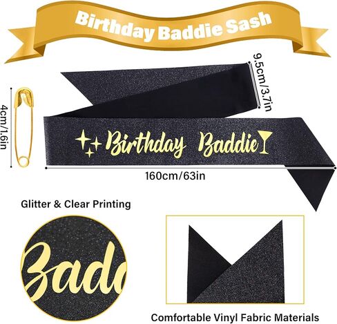 عيد ميلاد Baddie Sash for Women Girls - Black Glitter with Gold Foil Birthday Girl Sash Funder Birthday Party Form in Kuwait