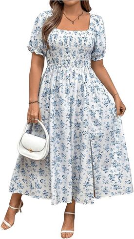 Verdusa Women's Plus Size Boho Floral Long Dress Square Neck Shirred Flowy Wedding Guest Dresses in Saudi Arabia