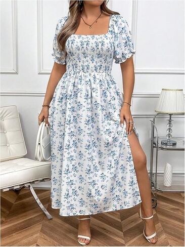 Verdusa Women's Plus Size Boho Floral Long Dress Square Neck Shirred Flowy Wedding Guest Dresses in Saudi Arabia