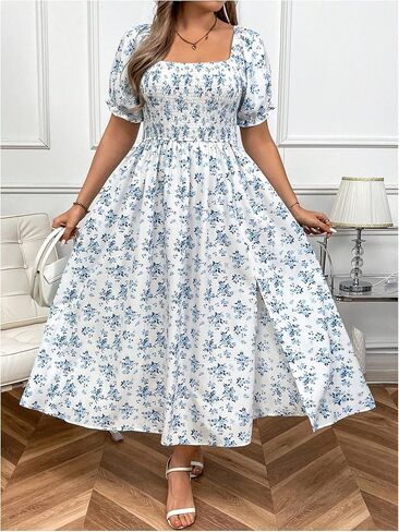Verdusa Women's Plus Size Boho Floral Long Dress Square Neck Shirred Flowy Wedding Guest Dresses in Saudi Arabia