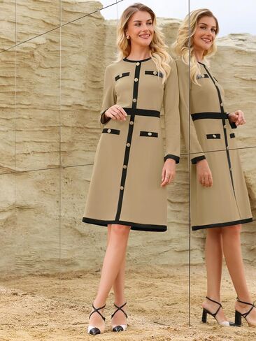 فستان عمل المرأة 2025 A-LINE Long Sleeve Color Block Dresses in Saudi Arabia