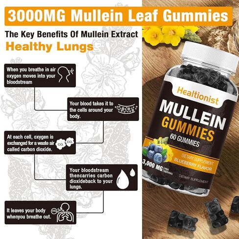 1 حزمة السكر خالية من mullein gummies - تطهير الرئة ، ملحق mullein 3000 ملغ من أجل الجهاز التنفسي ، mullein العضوية القطر in Kuwait