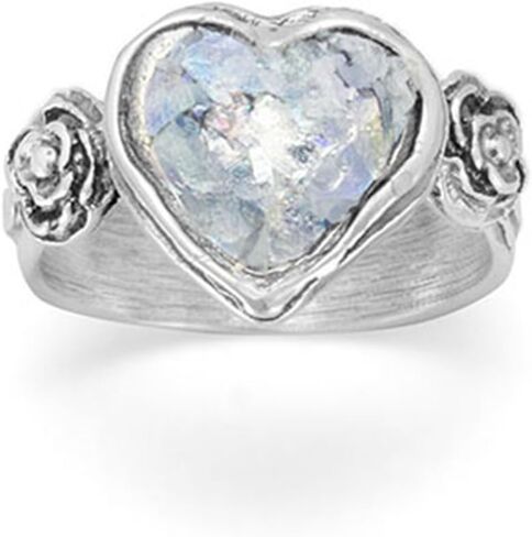 Ancient Roman Glass Ring Heart and Flower Design Sterling Silver in Saudi Arabia