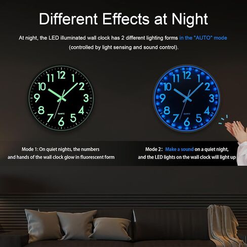 jofomp LED ساعة الحائط لتوهج ليلة نوم ، و 12 بوصة الساعات الحائط صامتة تعمل بطارية ، وتضيء ساعات الحائط لديكور غرفة المعيشة ، والتحكم في الصوت توهج ساعة الحائط في الظلام لمكتب المطبخ in Kuwait
