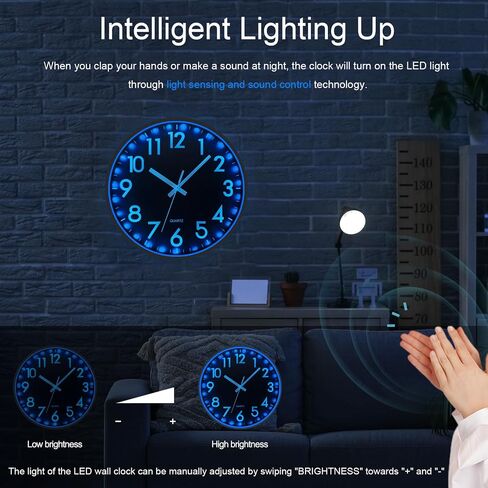 jofomp LED ساعة الحائط لتوهج ليلة نوم ، و 12 بوصة الساعات الحائط صامتة تعمل بطارية ، وتضيء ساعات الحائط لديكور غرفة المعيشة ، والتحكم في الصوت توهج ساعة الحائط في الظلام لمكتب المطبخ in Kuwait