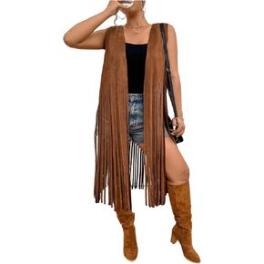 Women's Plus Size Western Fringe Vest Boho Tassel Cowgirl Sleeveless Jackets Outerwear in Kuwait