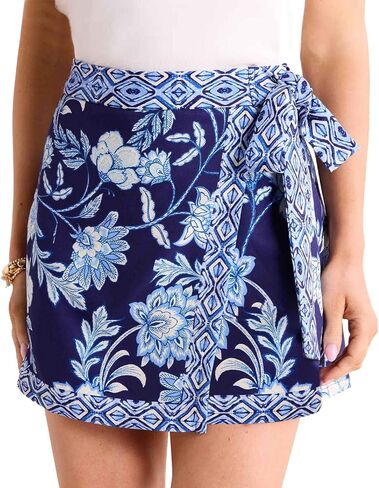 Womens Floral Wrap Short Skirt Casual Summer Flowers Knot Side High Waist A Line Beach Vacation Mini Skirt in Saudi Arabia