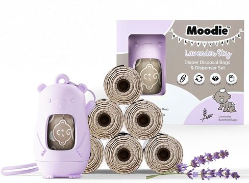 NEW Moodie Disposable Diaper Bags Dispenser COMBO PACK | 105 VANILLA SCENTED Baby Poop Bags TOTAL | Dirty Diaper Trash Bags | Diaper Bags Disposable (VANILLA DREAM) in Kuwait