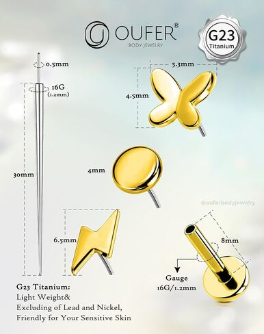 OUFER Helix Cartilage Piercing Jewelry, G23 Titanium Threadless Flat Back Earrings Stud, 16G Titanium Push Pin Labret Lip Tragus Medusa Conch Piercing Jewelry Hypoallergenic for Women Men in Saudi Arabia