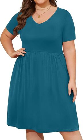 DB MOON Women Plus Size Dresses 2025 Summer Casual V Neck Short Sleeve Knee Length Dress with Pockets XL in Kuwait