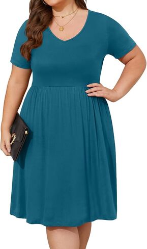 DB MOON Women Plus Size Dresses 2025 Summer Casual V Neck Short Sleeve Knee Length Dress with Pockets XL in Kuwait