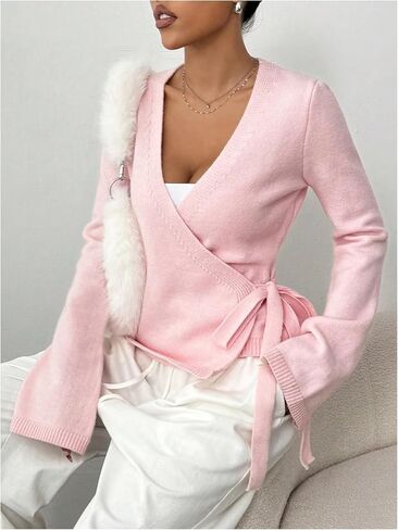 Verdusa Women's V Neck Writ Tie Steprids Cardigan Subtics in Kuwait