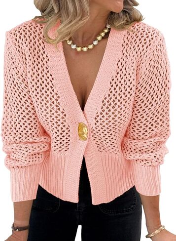 Cicy Bell Womens Cropped Crochet Cardigans Hollow Out Button Down Lantern Sleeve Knit Sweaters Casual Mesh Loose Fit Cover Up in Saudi Arabia