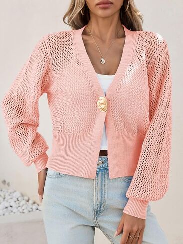 Cicy Bell Womens Cropped Crochet Cardigans Hollow Out Button Down Lantern Sleeve Knit Sweaters Casual Mesh Loose Fit Cover Up in Saudi Arabia