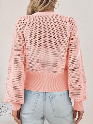 Cicy Bell Womens Cropped Crochet Cardigans Hollow Out Button Down Lantern Sleeve Knit Sweaters Casual Mesh Loose Fit Cover Up in Saudi Arabia