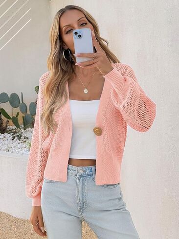 Cicy Bell Womens Cropped Crochet Cardigans Hollow Out Button Down Lantern Sleeve Knit Sweaters Casual Mesh Loose Fit Cover Up in Saudi Arabia