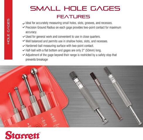 Starrett Small Hole Gage Set with Smooth, Sensitive Adjustments - 125-.500" (3.2-12.7mm) Range, 2-7/8-3-1/2" Length (75-90mm), 829A/B/C/D with Case, 4-Pack - S829EZ in Saudi Arabia