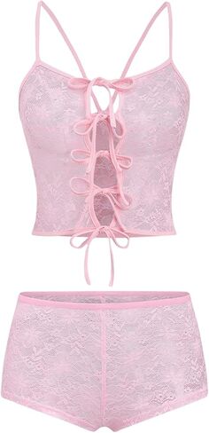 Verdusa Women's Floral Lace 2 Piece Outfits Tie Front Crop Cami Top with Mini Shorts in Kuwait