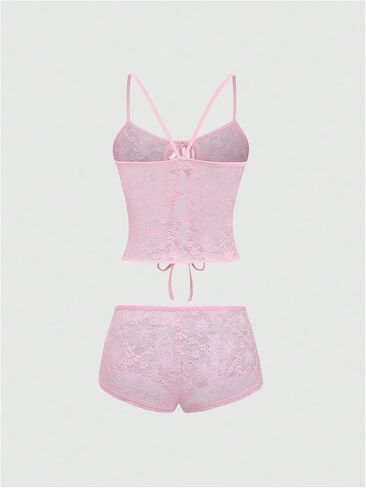 Verdusa Women's Floral Lace 2 Piece Outfits Tie Front Crop Cami Top with Mini Shorts in Kuwait