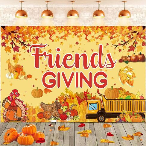 Famoby Happy Friendsgiving Extra Large Fabric Sign Poster Banner Backdrop with Pattern Pumpkin Maple Leaf Turkey for Thanksgiving Fall Friends Gathering Background Decorations Bunting in Kuwait