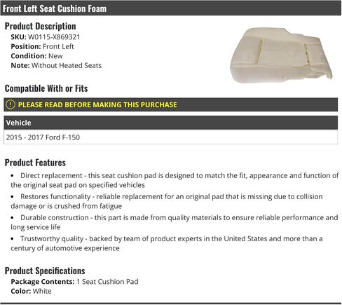 الرغوة الأمامية لسيادة السائق الجانبي للسائق-متوافقة مع 2015-2017 Ford F-150 (نماذج بدون مقاعد ساخنة فقط) in Saudi Arabia