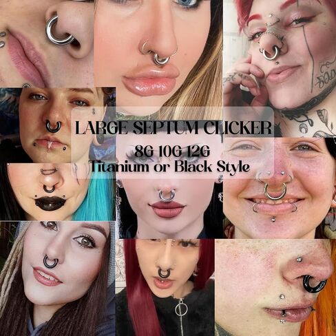 BodyBonita G23 Titanium 8G 10G 12G Septum Rings Jewelry Nose Hoops Clicker Ear Weights for Stretched Ear Piercing Jewelry 10mm 12mm 14mm Black Silver in Saudi Arabia