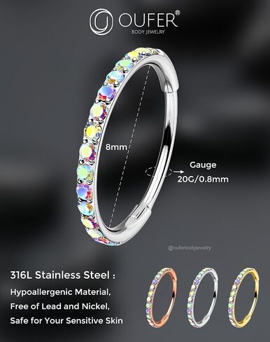 خواتم الأنف Oufer Hoop للنساء الرجال ، 20G ab Zircon أنف مجوهرات ثقب ، فئة مفصلية ، طقم أنف ، 316L ، حلقات الشفاه الحاجز الجراحية in Kuwait