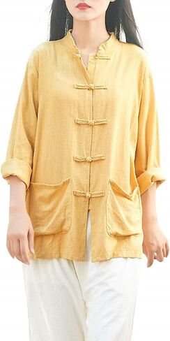 Lazutom Women's Cotton Linen Frog Button Mandarin Collar Chinese Martial Arts Kung Fu Tai Chi Shirt Tunic in Saudi Arabia