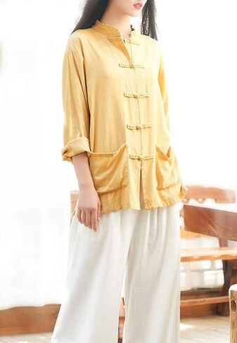 Lazutom Women's Cotton Linen Frog Button Mandarin Collar Chinese Martial Arts Kung Fu Tai Chi Shirt Tunic in Saudi Arabia
